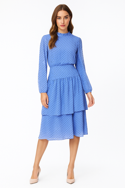Polka Dot Tiered Smocked Waist Midi Dress – Blue