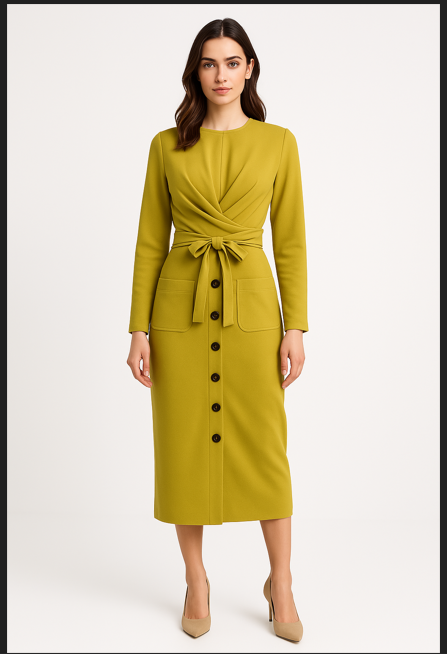 Elegant Olive Green Wrap Midi Dress