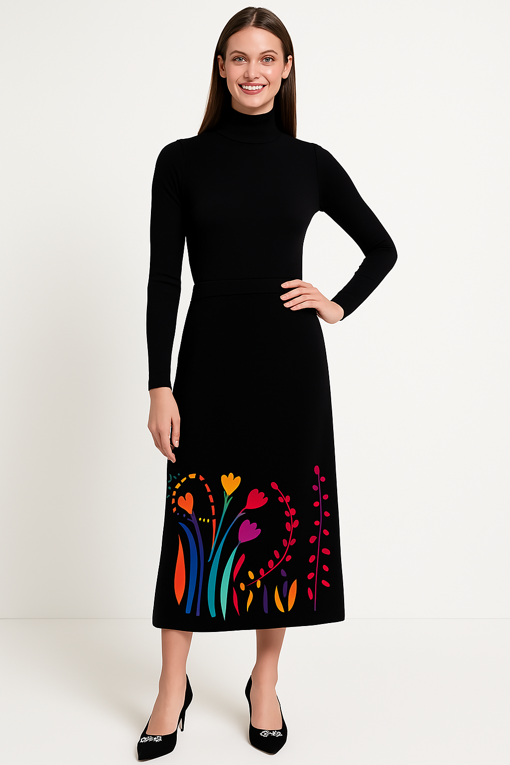 Embroidered Black Velvet Skirt