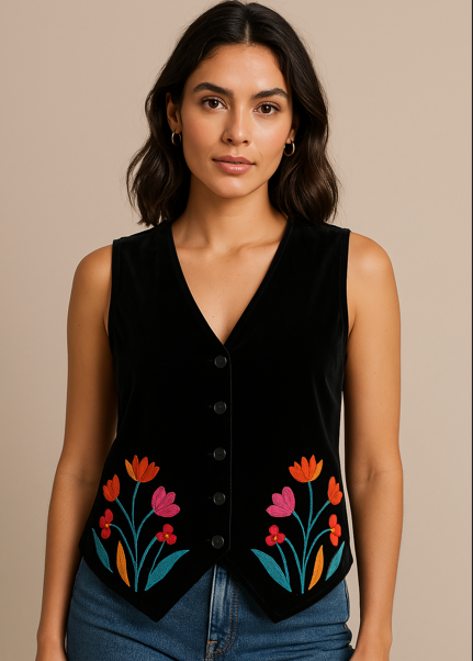 Embroidered Black velvet Vest